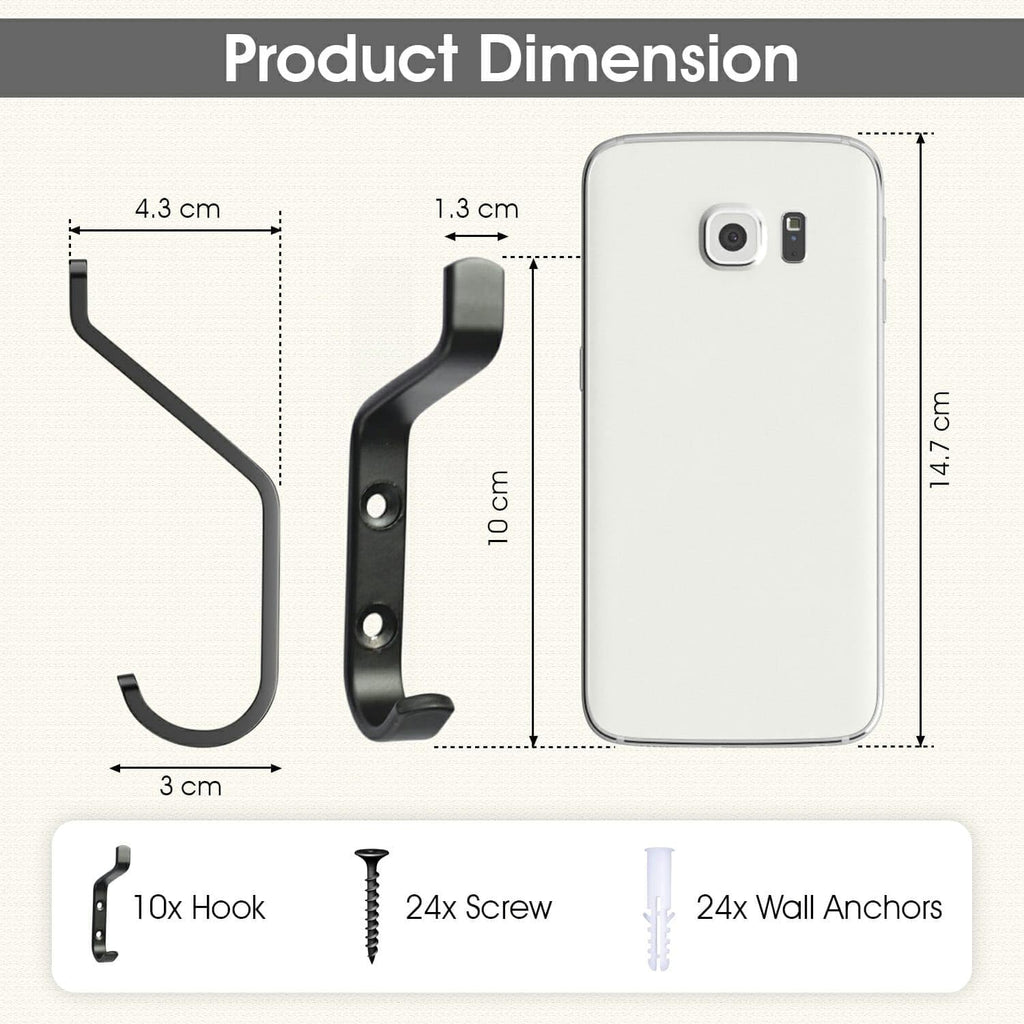 GlazieVault Coat Hooks Wall – Door Hooks (10 Pack) - Heavy Duty Wall Mounted - Premium Design Rust Free Hooks