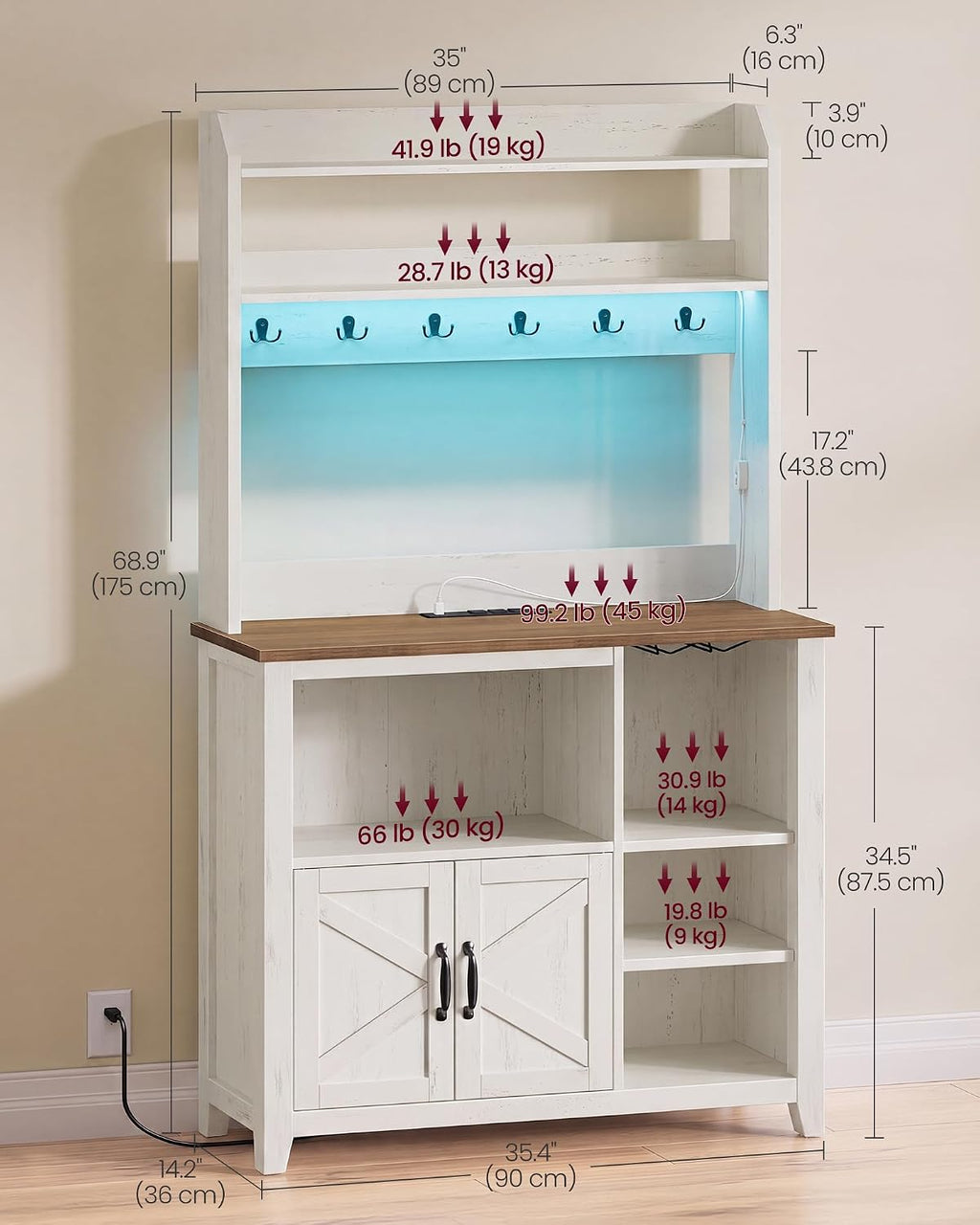 VASAGLE Baker's Rack with LED Lights and Power Outlet, Farmhouse Coffee Bar Cabinet with 6 Hooks, 35.4 x 14.2 x 68.9 Inches, Cloud White and Brown Liry Collection UKKS113W101S