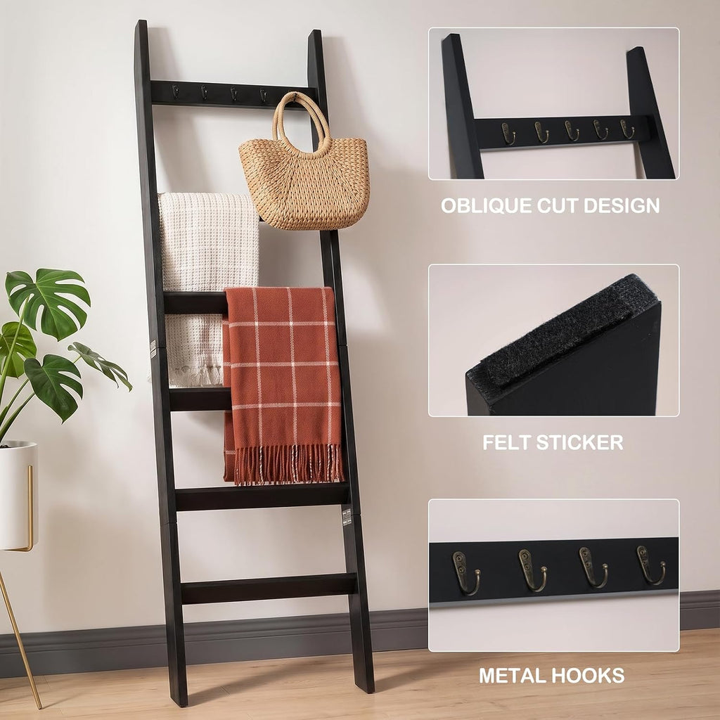 TEAKMAMA 6-Tier 5.4ft Blanket Ladder with Hooks Farmhouse Black | Wall Leaning Solid Wood Quilt Rack, Scratch & Slip Resistant, Living Room Bedroom Bathroom, Christmas Decor, Quick Setup