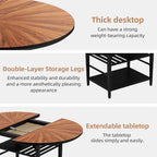 VFK 47.2"-63" Extendable Round Dining Table Set for 4–6, Solid Wood & Metal Table with Wine Rack Storage Shelf, Walnut Kitchen Furniture with 6 Upholstered Chairs (Storage Table and 6 Brown Chairs)