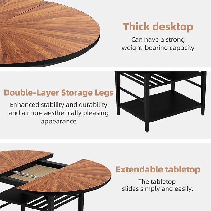 VFK 47.2"-63" Extendable Round Dining Table Set for 4–6, Solid Wood & Metal Table with Wine Rack Storage Shelf, Walnut Kitchen Furniture with 4 Upholstered Chairs (Storage Table and 4 Brown Chairs)