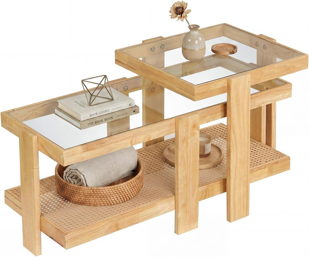 Giantex Nesting Coffee Table Set of 2, Boho Rattan Accent Table with Tempered...