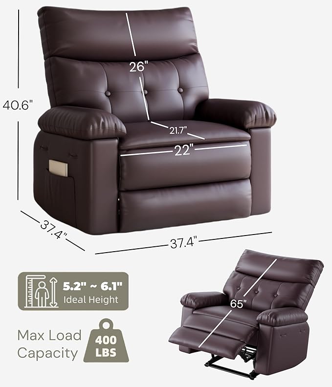 GarveeHome Oversized Recliner Chair - PU Leather Manual Recliner for Adults, Lazy Chair with 1.5X Sponge Comfort Arm and Back for Living Room, Bedroom