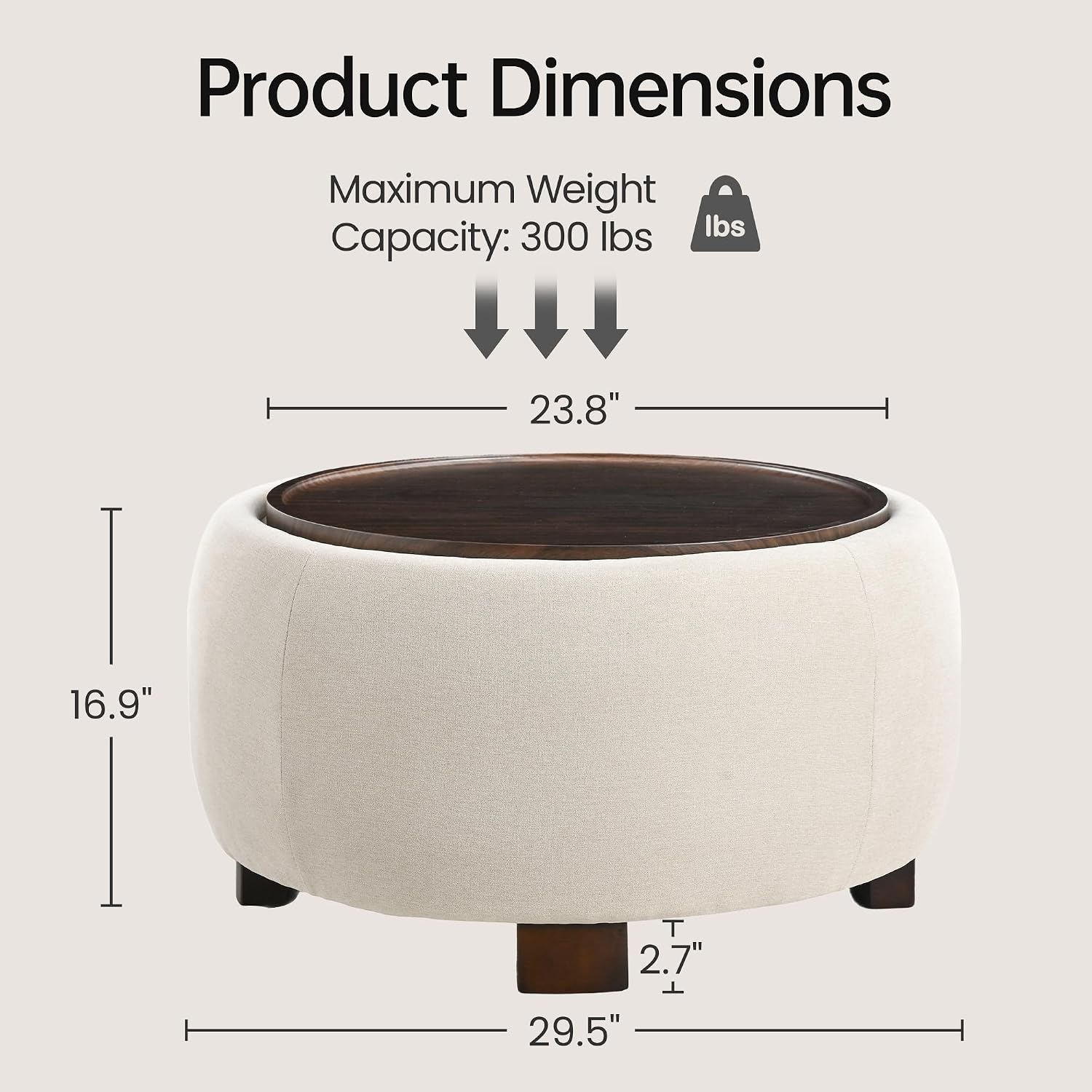VKNOW 30" Round Storage Ottoman Coffee Table, Ottoman with Sotrage with Lift-Off Lid and Solid Wood Legs, Coffee Tables for Living Room, Bedroom, Apartments, Corners, Beige