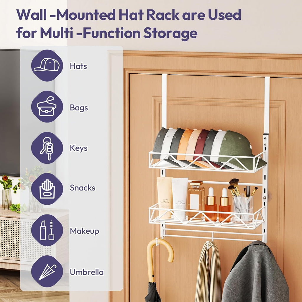SWTYMIKI Over Door Hat Organizer - 3 Tier Wall Mounted Hat Rack with 2 Adjustable Metal Basket and 3 Hooks, Hanging Baseball Cap Organizer Storage Holds up to 29 Caps for Door, Bedroom, Closet