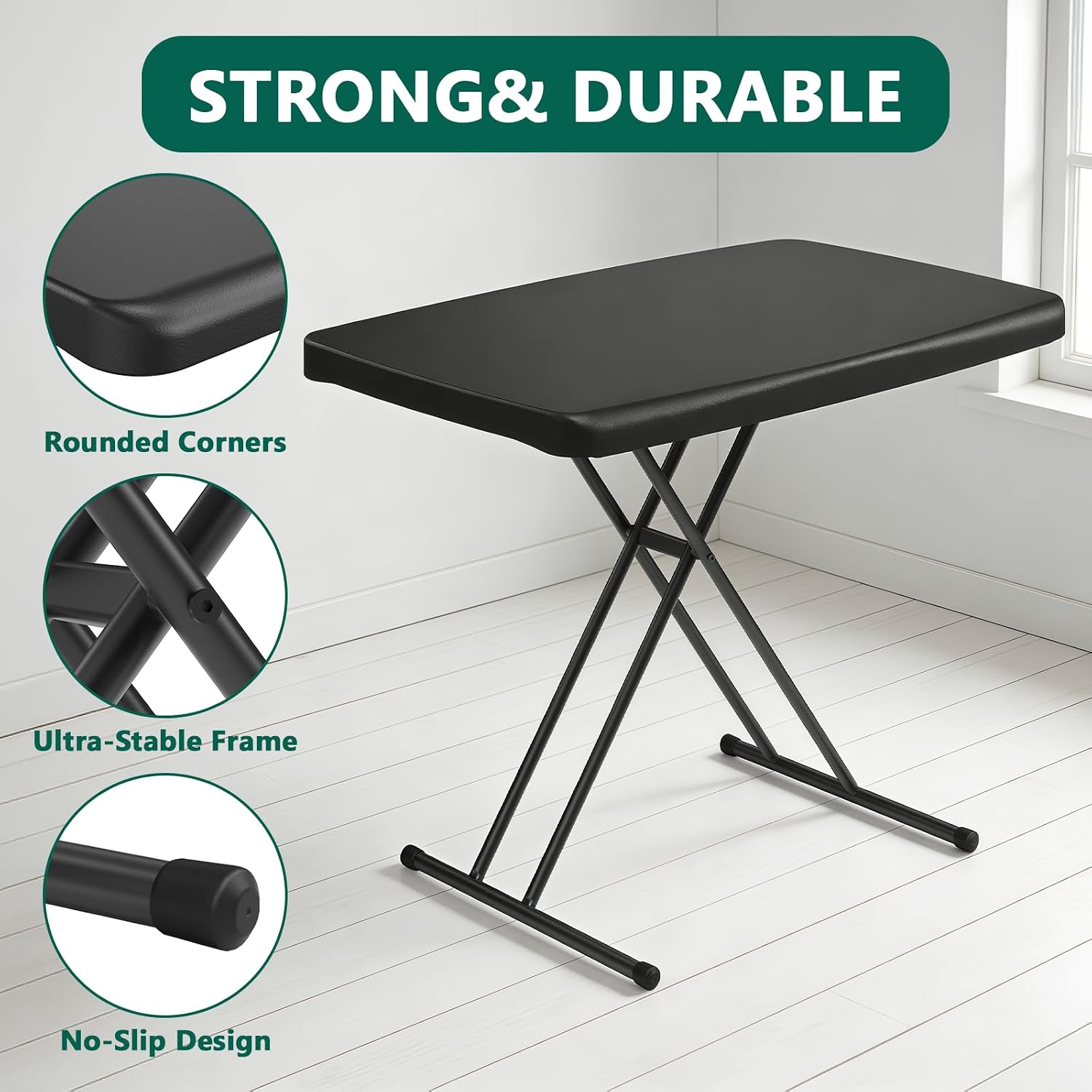 Folding Table 30 Inch - Small Desk Adjustable Height TV Tray for Laptop, Couch, Camping - Heavy Duty Utility Foldable Table for Small Spaces, No Assembly Required, Black Granite