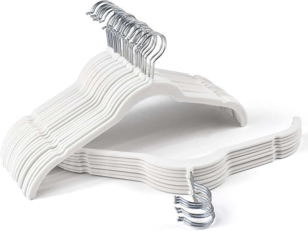 Premium Velvet Shirt Hangers 30 Pack, Non-Slip 360° Swivel Hook Slim Felt Hanger, Space Saving Flocked Hangers for Tank Tops, Blouses, Strappy Dresses(White)