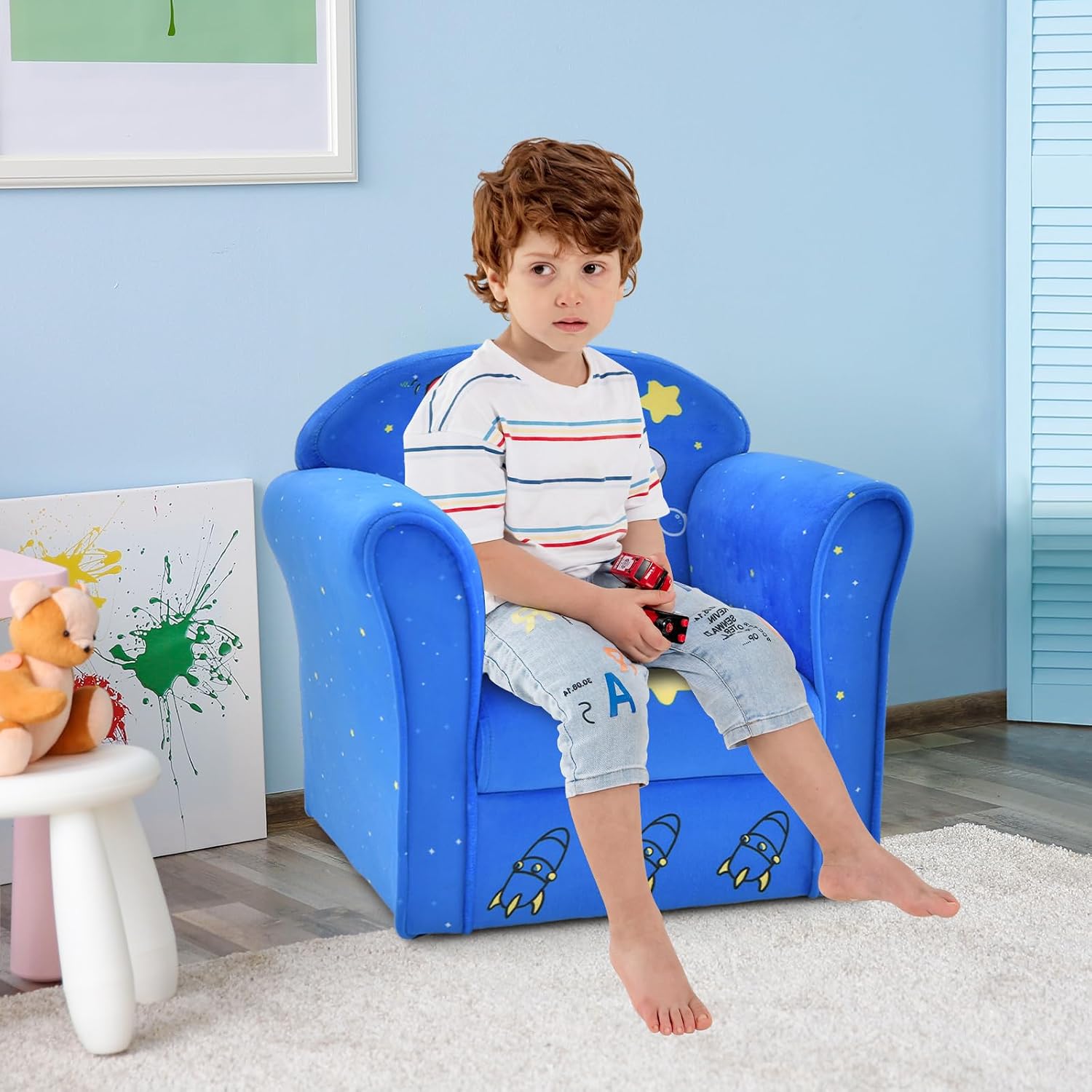 INFANS Kids Sofa, Toddler Armchair Chair with Sturdy Wood Construction Cartoon Pattern, Upholstered Children Armrest Couch for Nursery Kindergarten Playroom Preschool, Gift for Boys Girls