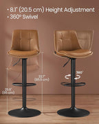 VASAGLE Bar Stools, Set of 2 Swivel Bar Chairs, Adjustable Height, Quilt, Synthetic Leather Kitchen Stools with Back and Footrest, Dining Room, Counter, Steel, Caramel Brown ULJB095K01