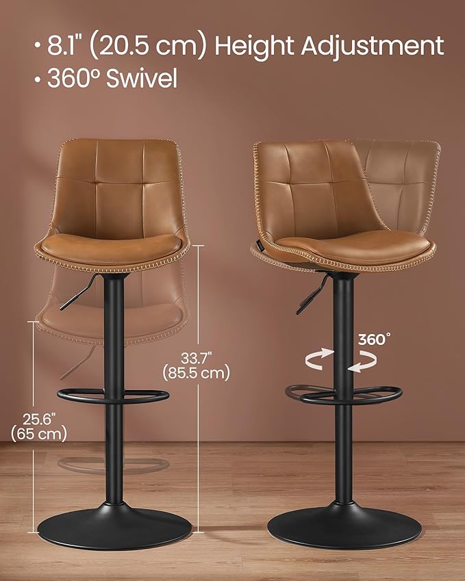 VASAGLE Bar Stools, Set of 4 Swivel Bar Chairs, Adjustable Height, Quilt, Synthetic Leather Kitchen Stools with Back and Footrest, Dining Room, Counter, Steel, Caramel Brown ULJB095KN01-2J