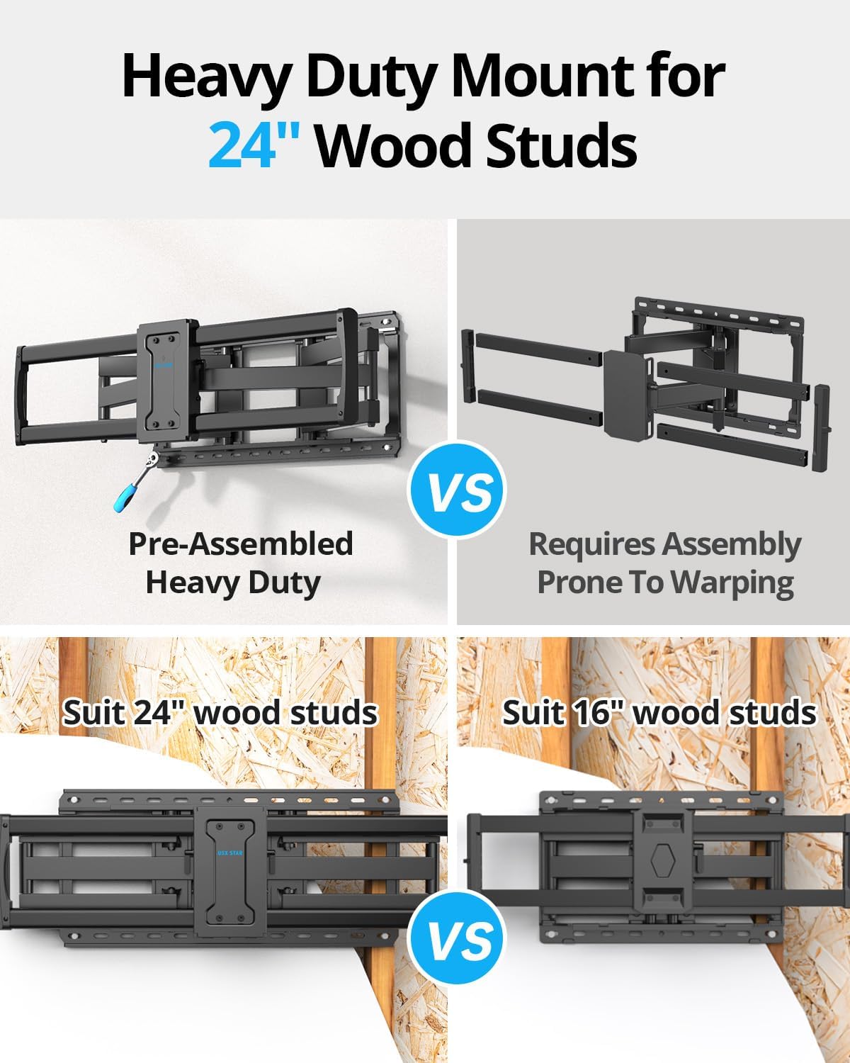 USX STAR 85 86 98 100 inch Heavy Duty TV Wall Mount for 37-105 inch Large TVs, Pre-Assembled TV Mount with Tool-Free Tilt, Up to 170lbs, VESA 800 x 600mm, 24″ Wood Studs