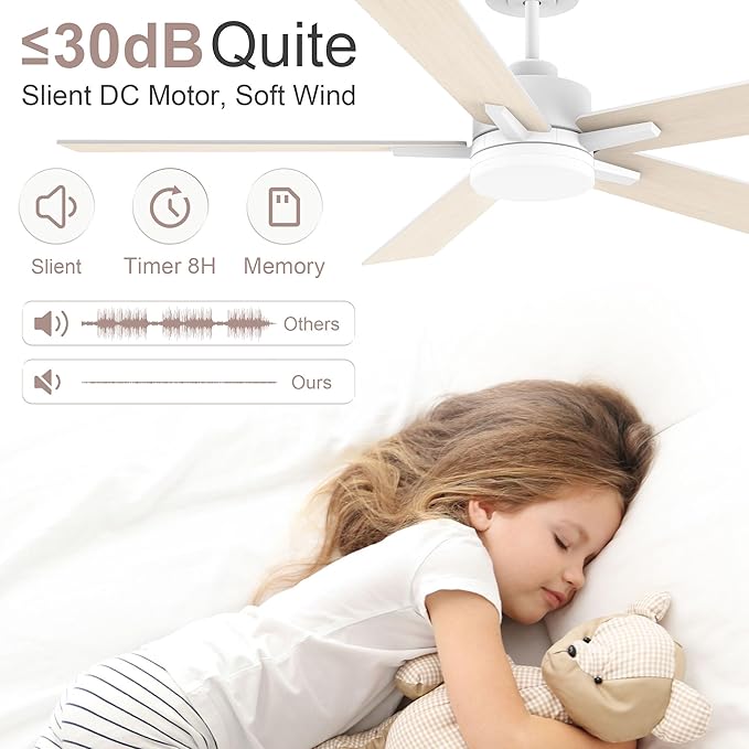 52” Smart Ceiling Fan with Lights Remote,Voice Control via Alexa Google WIFI App,Ultra Quiet DC Motor,Outdoor Indoor Modern Ceiling Fans,6-Speed for Bedroom Patio Porch,White and Wood Color