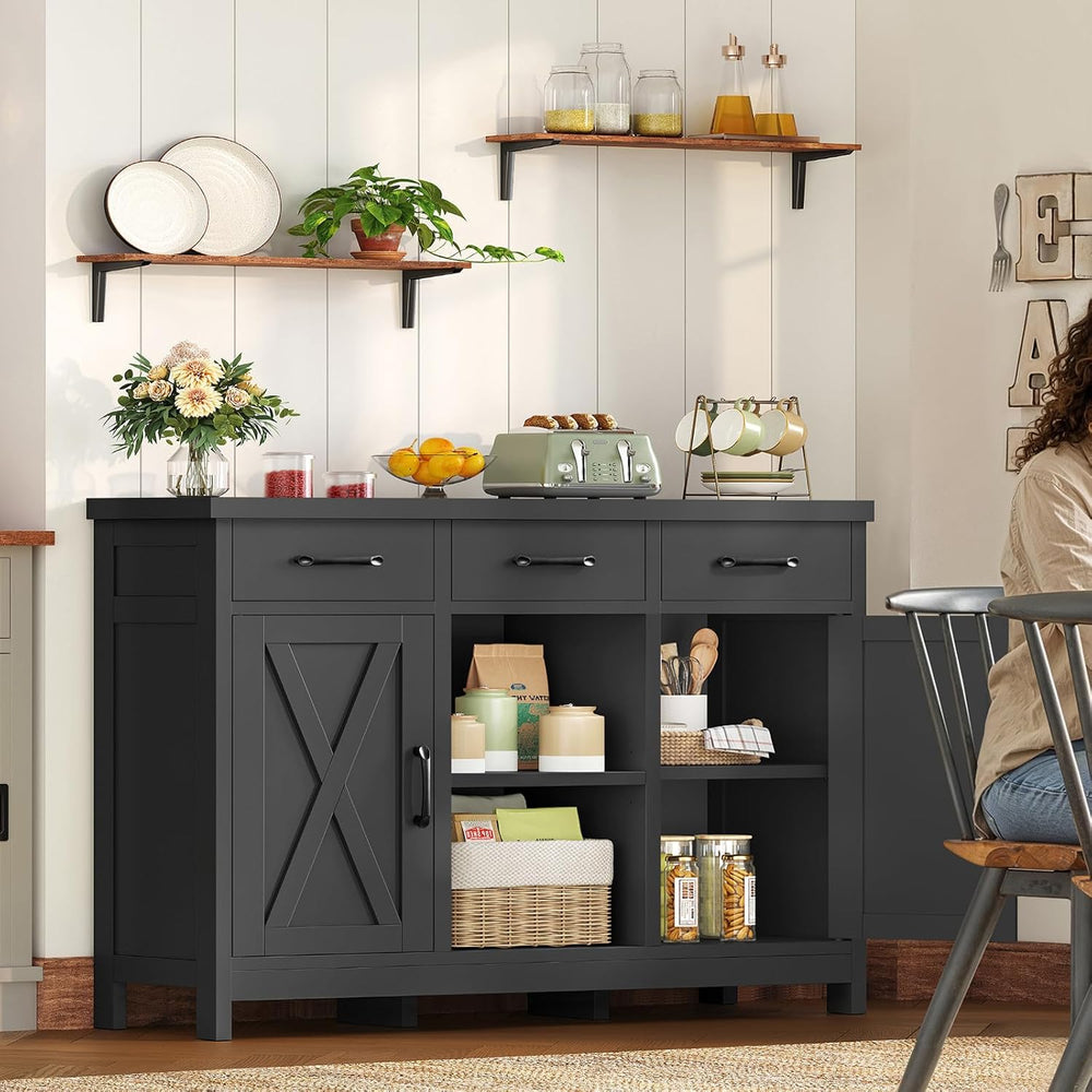 TEENFON Coffee Bar Cabinet with 3 Drawers, Farmhouse Buffet Cabinet