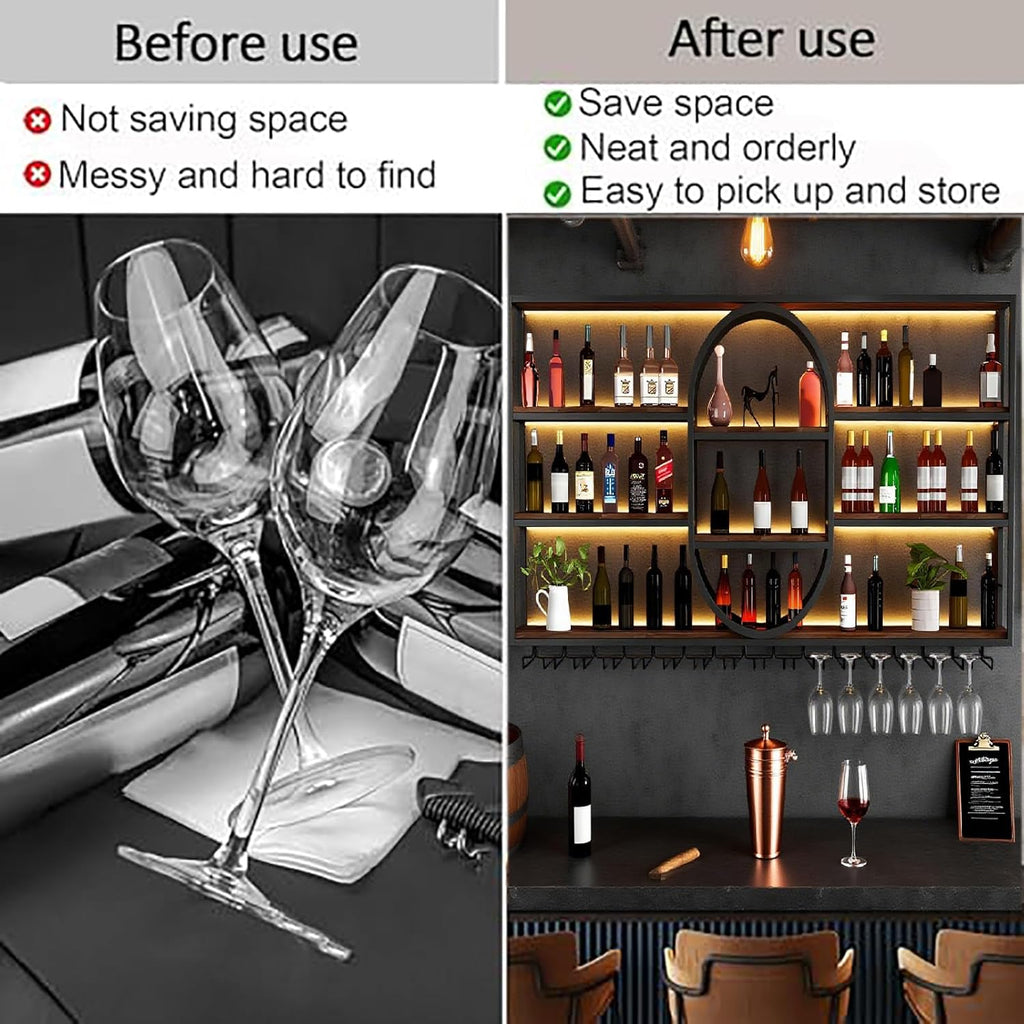 55.1IN Large Wall Mount Wine Rack, Metal 4 Tier Hanging Bottle Holder with Wine Glass Storage Racks, Modern Floating Wine Shelves for Home Bar Dining Room Decoration (Gold)