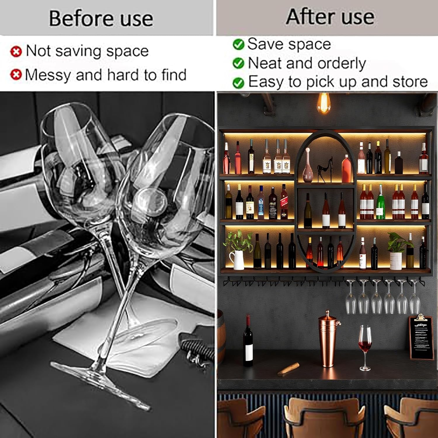 63IN Large Wall Mount Wine Rack, Metal 4 Tier Hanging Bottle Holder with Wine Glass Storage Racks, Modern Floating Wine Shelves for Home Bar Dining Room Decoration (Black)