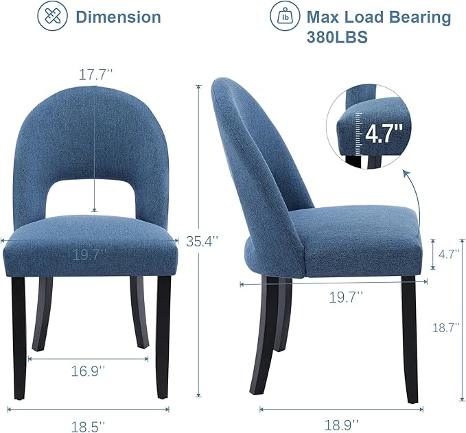 Upholstered Dining Chairs Set of 4, Mid Century Modern Dining Kitchen Chairs with Solid Wood Legs & Fabric Backret for Kitchen and Dining Rome, Blue