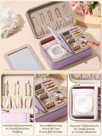 Velvet Travel Jewelry Box with Large Mirror, Double-Layer Jewelry Organizer Case for Women and Girls, Portable Storage Case with 6 Anti-Tarnish Bags Gift Ready for Her (Lavender)