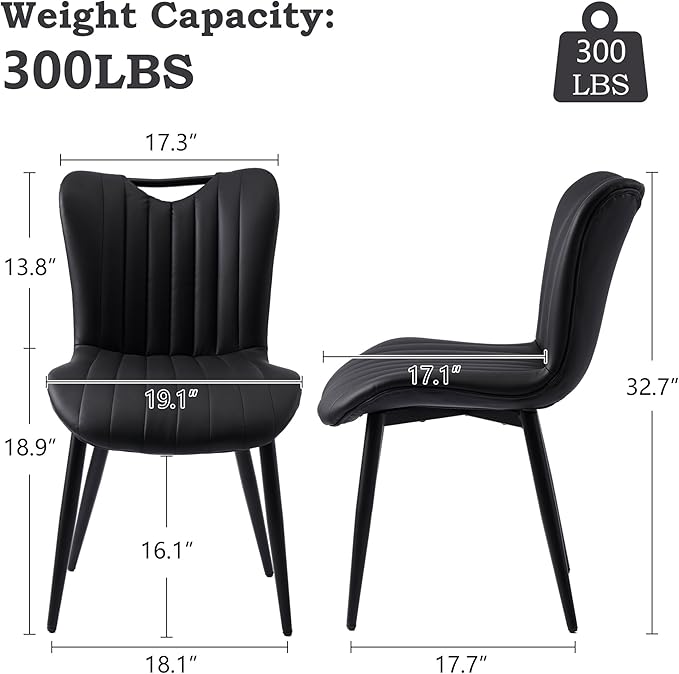 Leather Upholstered Dining Chairs Set of 2, Mid-Century Modern Kitchen Dining Room Chairs with Black Metal Legs, Armless Faux Leather Accent Dinner Chairs Kitchen Side Chairs, Black