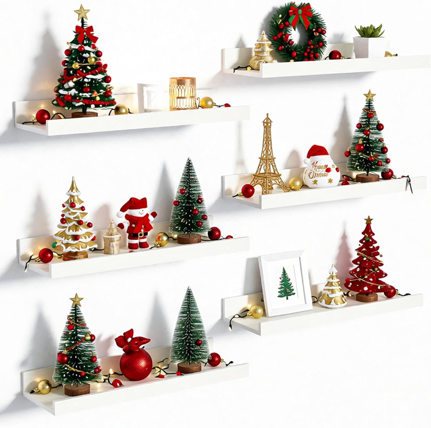 upsimples Floating Shelves for Wall, Wall Shelves for Decor Storage Set of 6, Wall Mounted Wood Shelf for Bedroom, Living Room, Bathroom, Kitchen, Picture Ledge Shelf, White