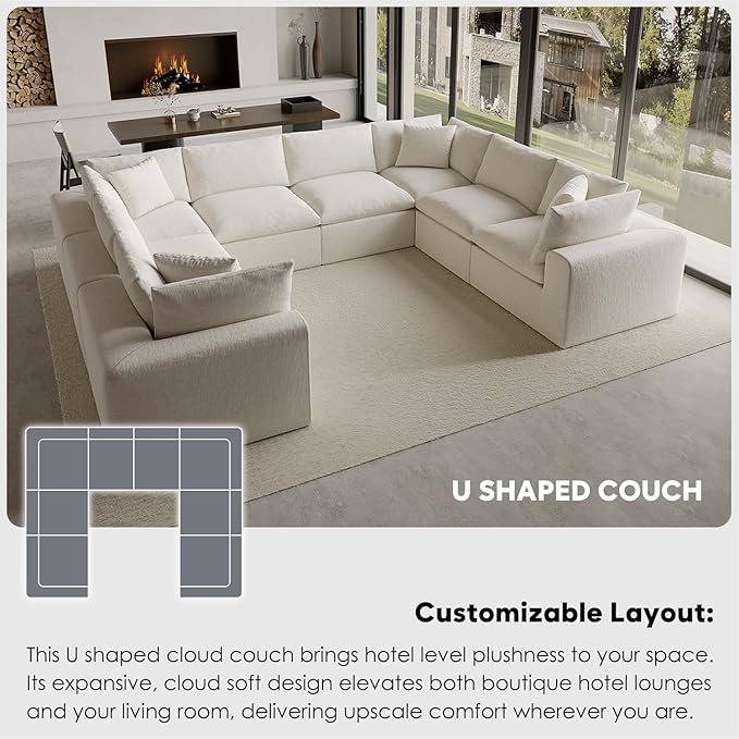 189" Oversized Boneless Cloud Couch, Modular Sectional Couches for Living Room, L-Shaped with Deep Seats, No Assembly Required, 8-Seater Washable Fabric Sleeper Sofa, White