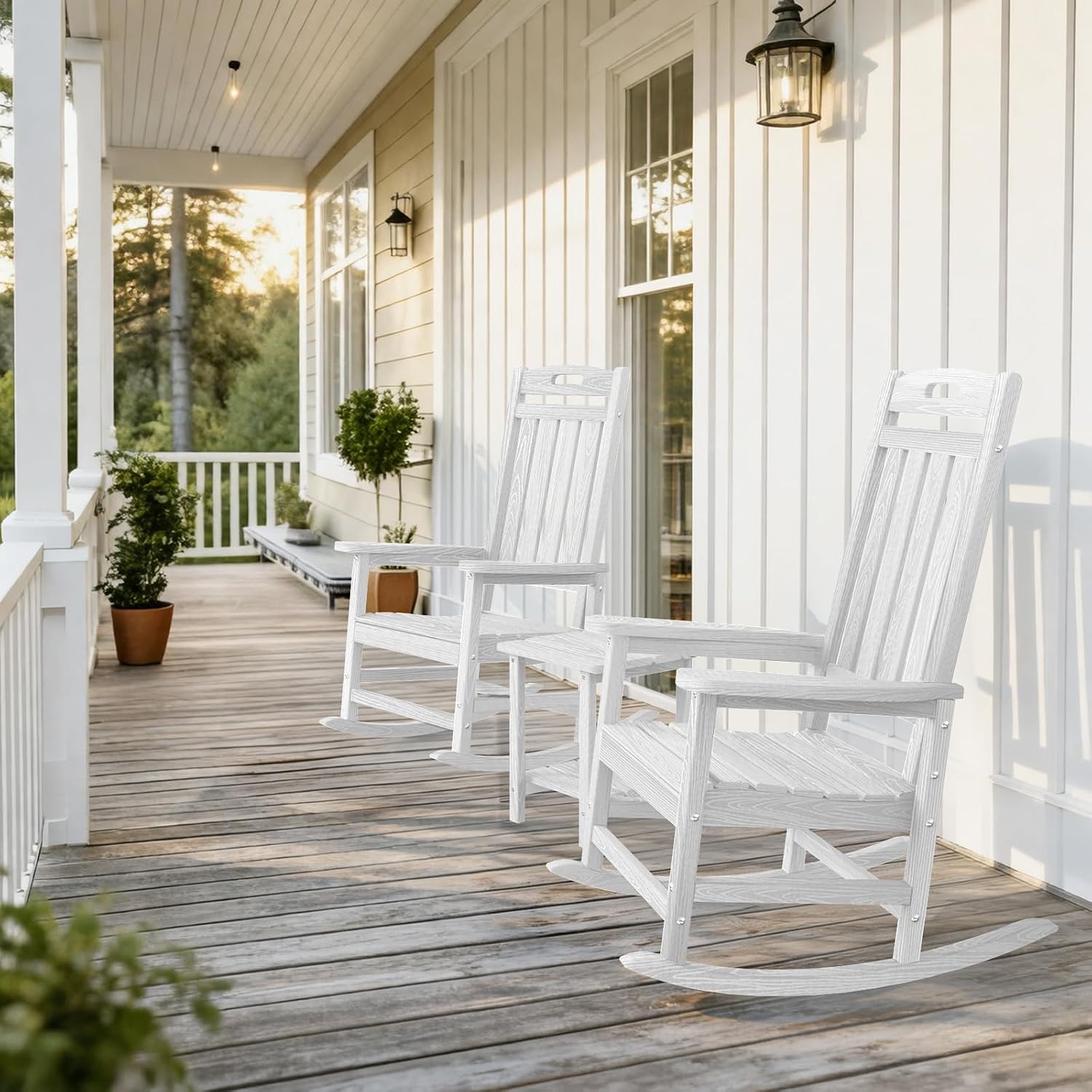 Outdoor Rocking Chair, High Back HDPE Patio Chair, All Weather Rocker Porch Chair, Lawn Chair for Deck, Porch, Backyard, Garden and Indoor, White