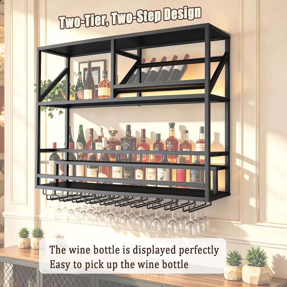 31.5in Wall Mounted Wine Rack with LED Lights, Stepped 3-Tier Bar Shelf | Liq...