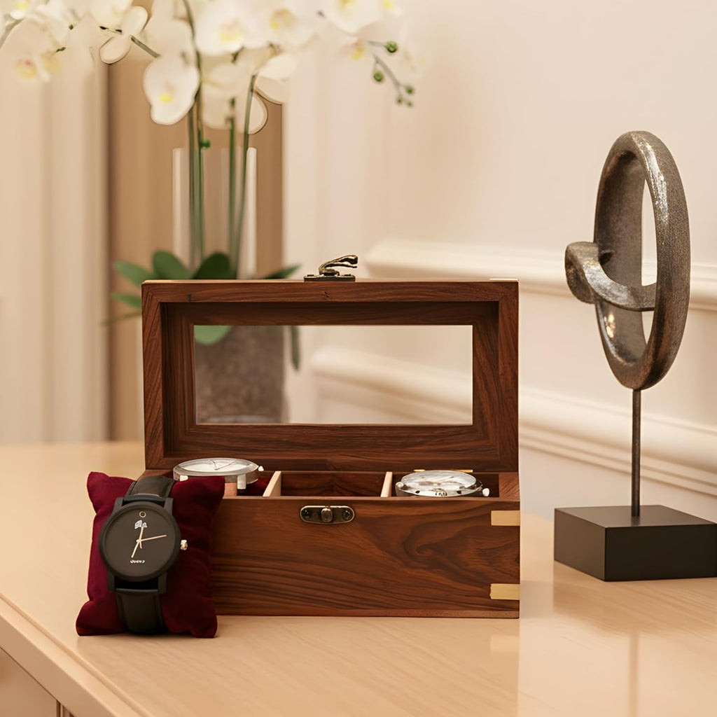 Wooden Watch Box for Men & Women, Watch Organizer & Display Case, Premium Long-Lasting Watch Holder for Storage, Elegant Gift for Watch Collectors (Glass Top, 3 Slots)