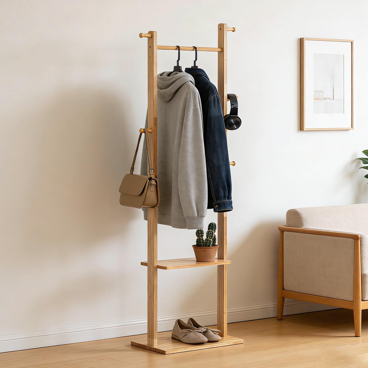 latifolia Clothes rack, Solid Wood Clothing Rack Witch Hooks and Shelves, 15.75 inch Garment rack With Storaege for Living Room, Nature