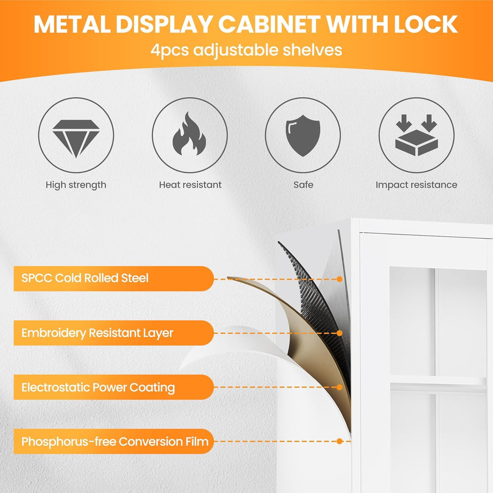 Locking Display Cabinet with Glass Door, 71”H Metal Curio Cabinets with Adjus...