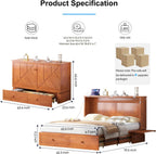 PUREMIND Queen Murphy Bed — Multi-Functional Hideaway Cabinet Bed with Headboard, Space-Saving Wall Bed with USB-C Charging Ports & 2 Storage Drawers for Guest Room, Apartment, Home Office, Cherry