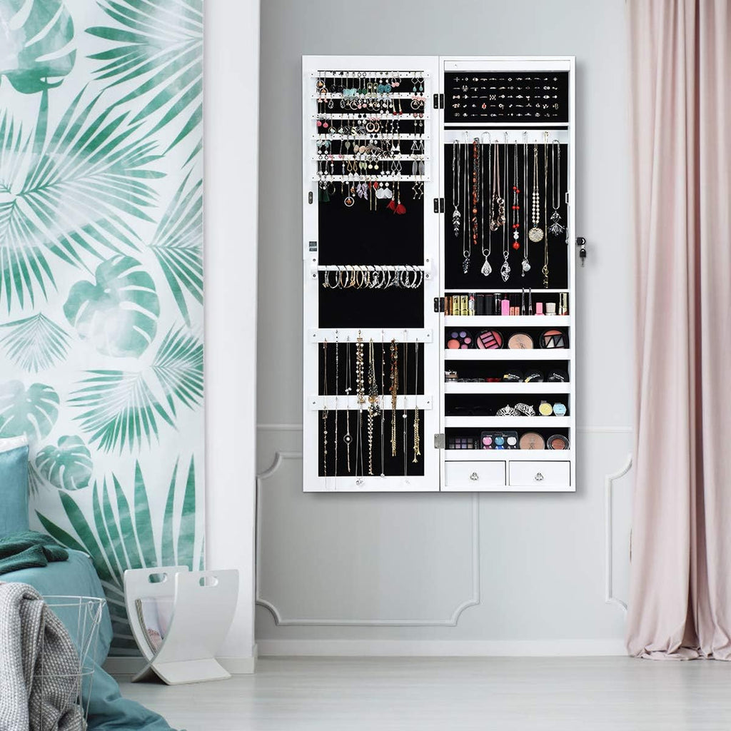 Giantex 15 LEDs Jewelry Armoire, Wall Mounted or Door Hanging, Lockable Jewelry Cabinet with Full Length Mirror, Large Storage Jewelry Organizer Box Armoire for Girls Women (14.5"W x 3.5"D x 47.5"H)