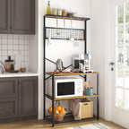 soges Kitchen Baker's Rack, 4-Tier Design, Microwave Stand, Rustic Brown, Utility Organizer, Mesh Bottom Panel, Free Standing with 5 Hooks