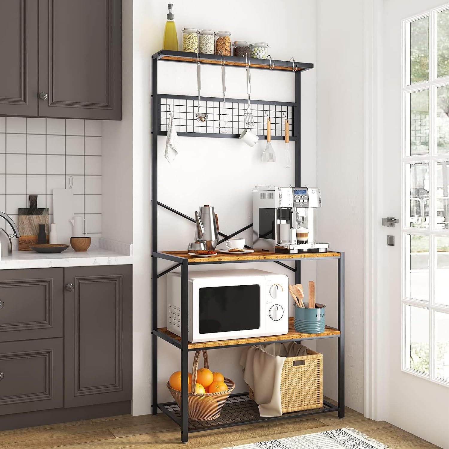 soges Kitchen Baker's Rack, 4-Tier Design, Microwave Stand, Rustic Brown, Utility Organizer, Mesh Bottom Panel, Free Standing with 5 Hooks
