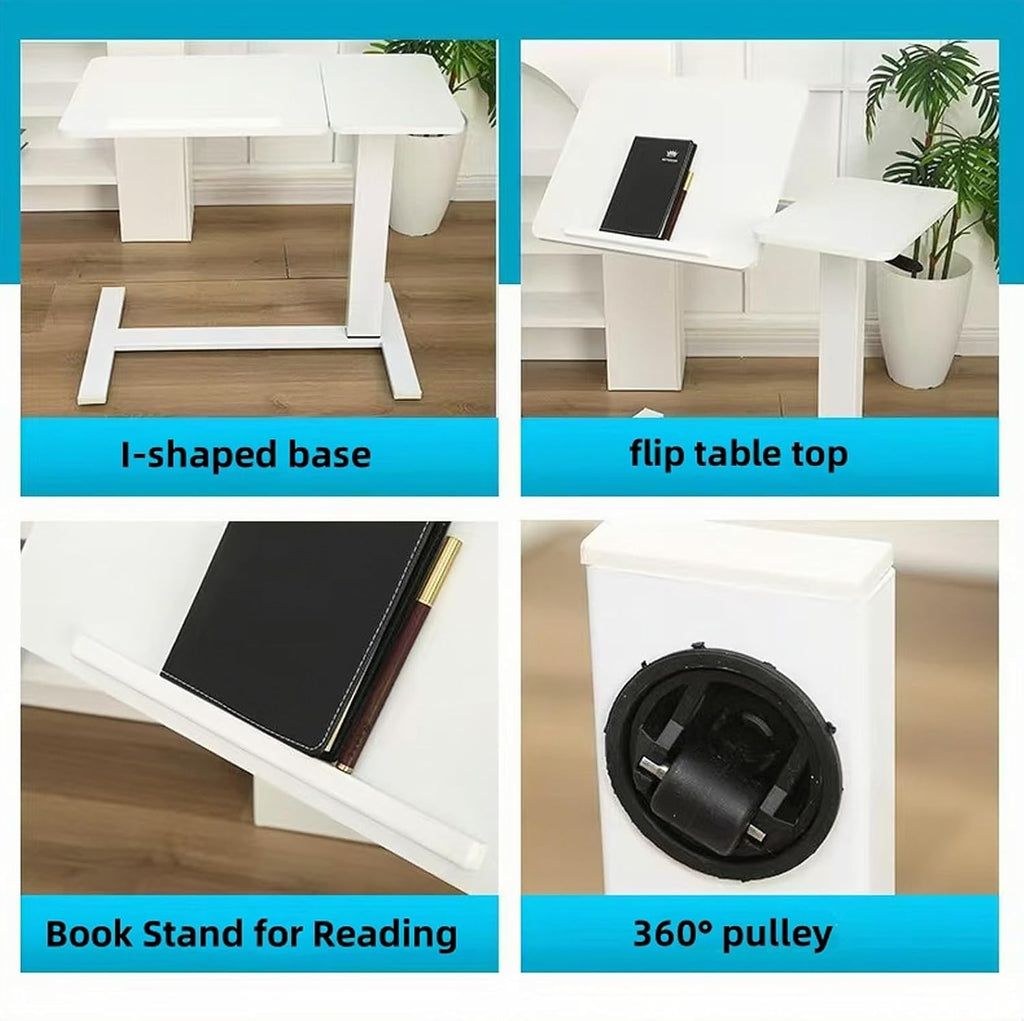 Overbed Desk with Wheels, Height Adjustable Rolling C Shaped Side Table with Tilting Top, Mobile Laptop Stand for Bed Couch Sofa, Bedside Table for Small Space Work from