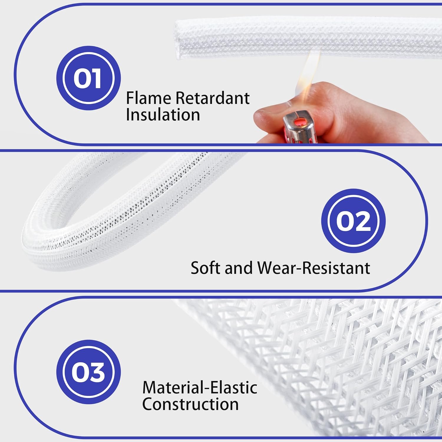 Cable Management Sleeves 1.2in - 2 Pack 4.1ft Split Braided Sleeve White, Hard PE Protectors From Pets, Wire Organizers, Flexible Wrap for Computer Cord Management