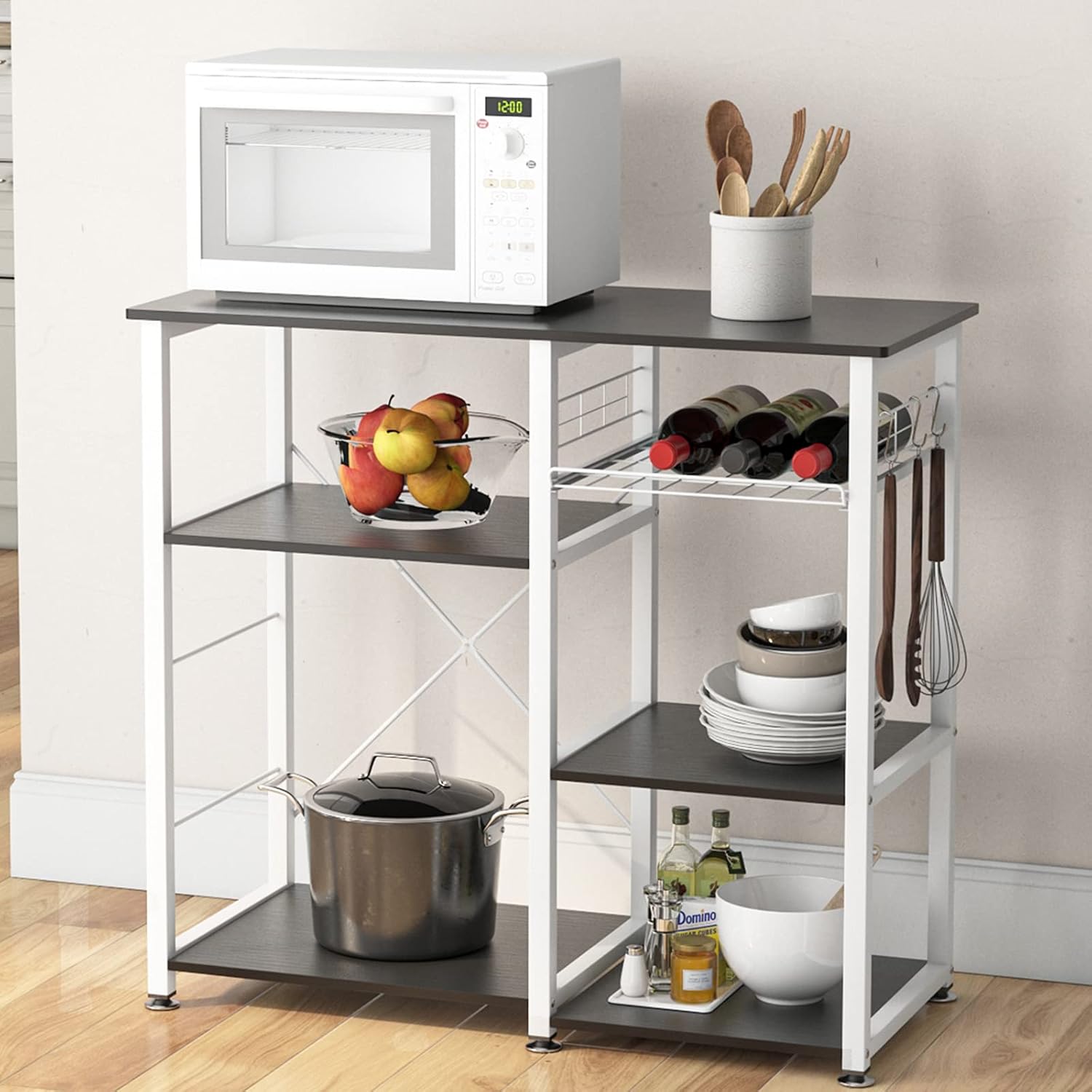 SogesHome 4-Tier Microwave Stand Shelf, Kitchen Storage Organize Shelf, Coffee Snack for Home, Kitchen, Living-Room, Walnut Black