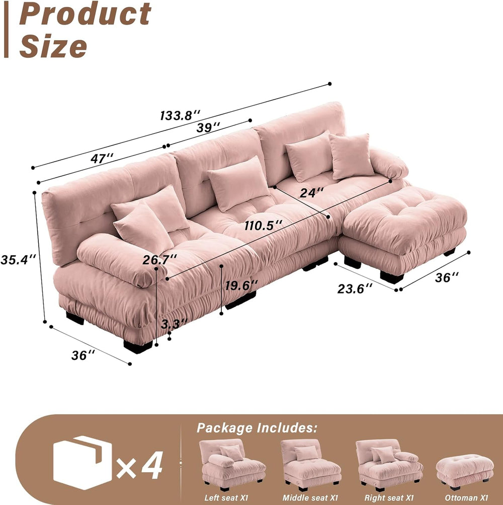 SoarFlash Velvet Sectional Sofa Ottoman, Pink