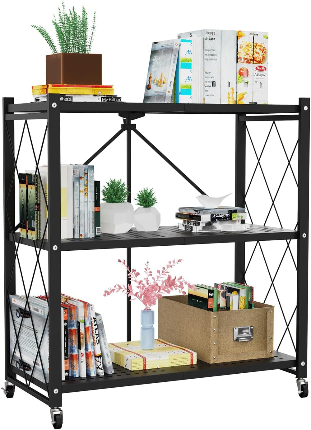 3-Tier Foldable Storage Shelf with Wheels | Metal Rack Collapsible Shelving D...