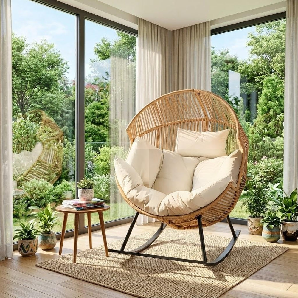 Oversized Outdoor Rocking Chair, Wicker Egg Patio Lounge Chair Basket Seat wi...
