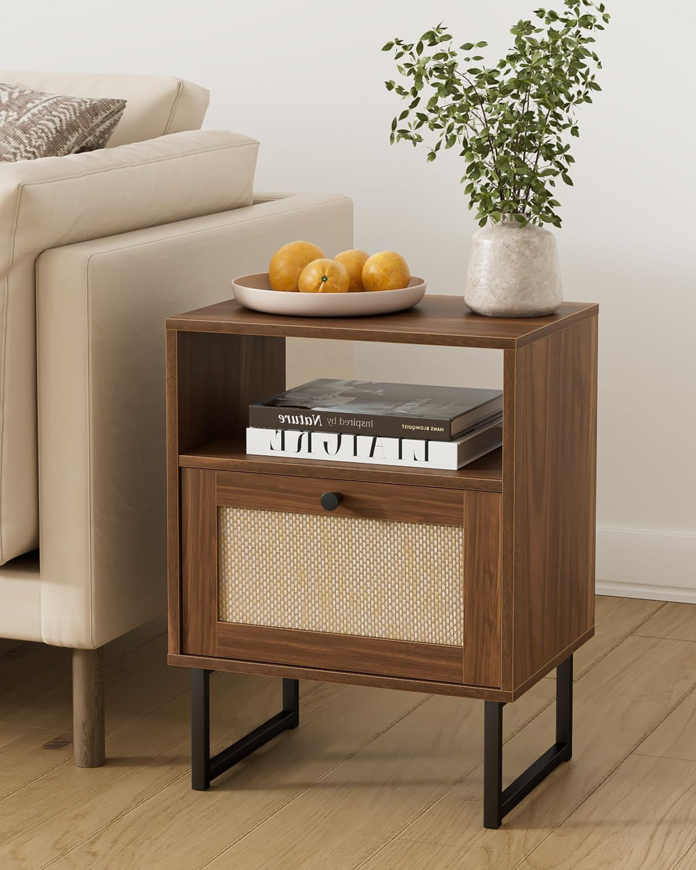 Rattan Nightstand, Boho Night Stand Farmhouse Wood Bedside Table with Storage...