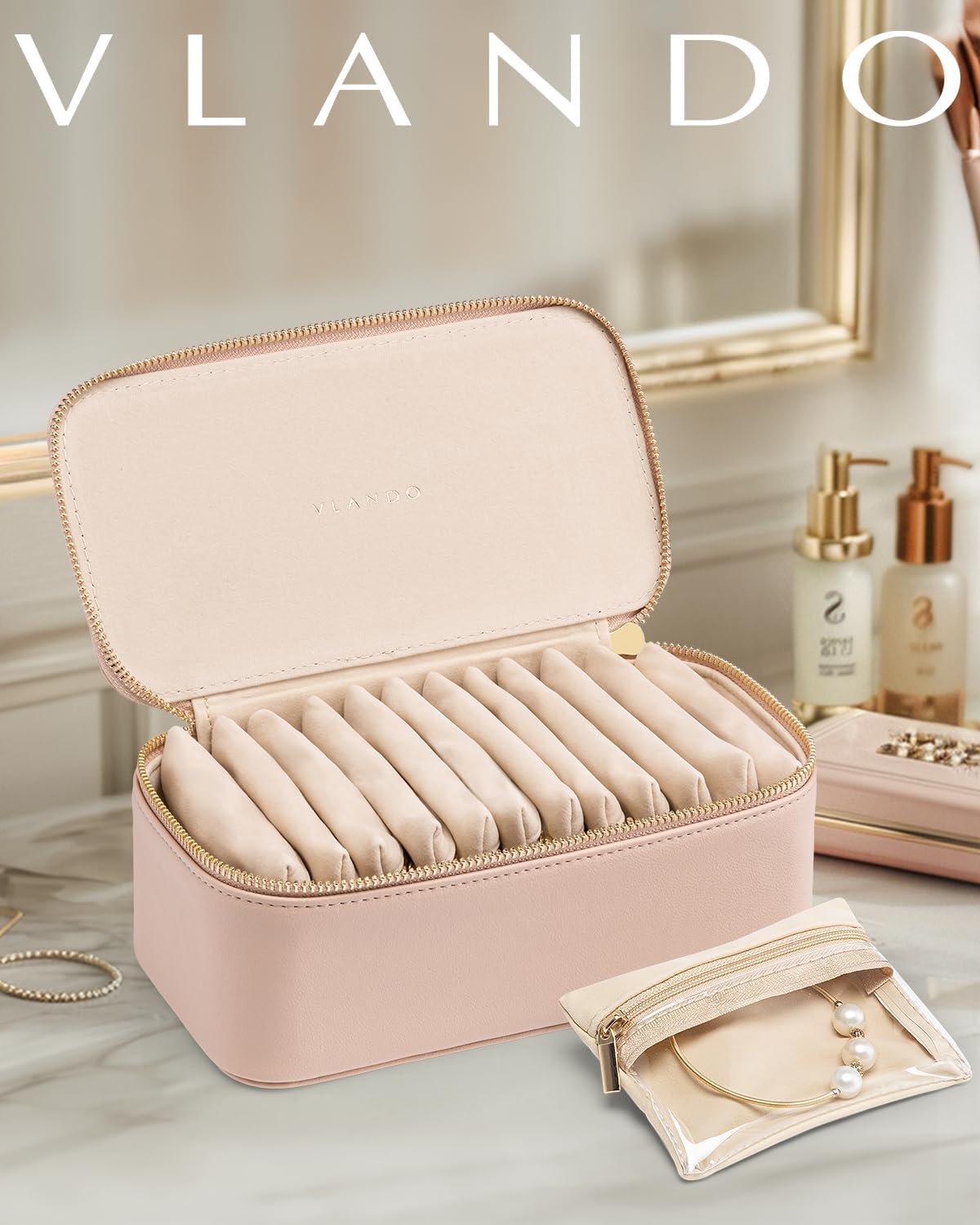 VLANDO Travel Jewelry Organizer with 12 Clear Velvet Zipper Pouches,Khaki | Travel Luggage Storage,Rings,Bracelets,Earrings Storage,Women Girls,Bridesmaid,Anniversaries Gift