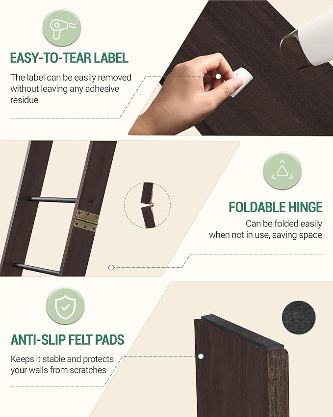 Blanket Ladder for Living Room, Decorative Quilt Rack with 4 Removable Hooks, 5-Tier Farmhouse Ladder Holder Shelf Organizer for Bedroom, Black Tea Brown and Black BR02120B