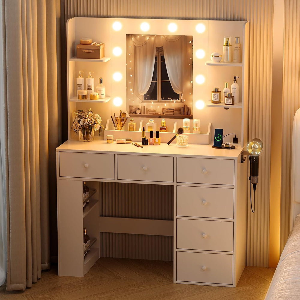 VINGLI Vanity Desk with Mirror and Lights, Makeup Vanity Table w/ 6 Storage D...