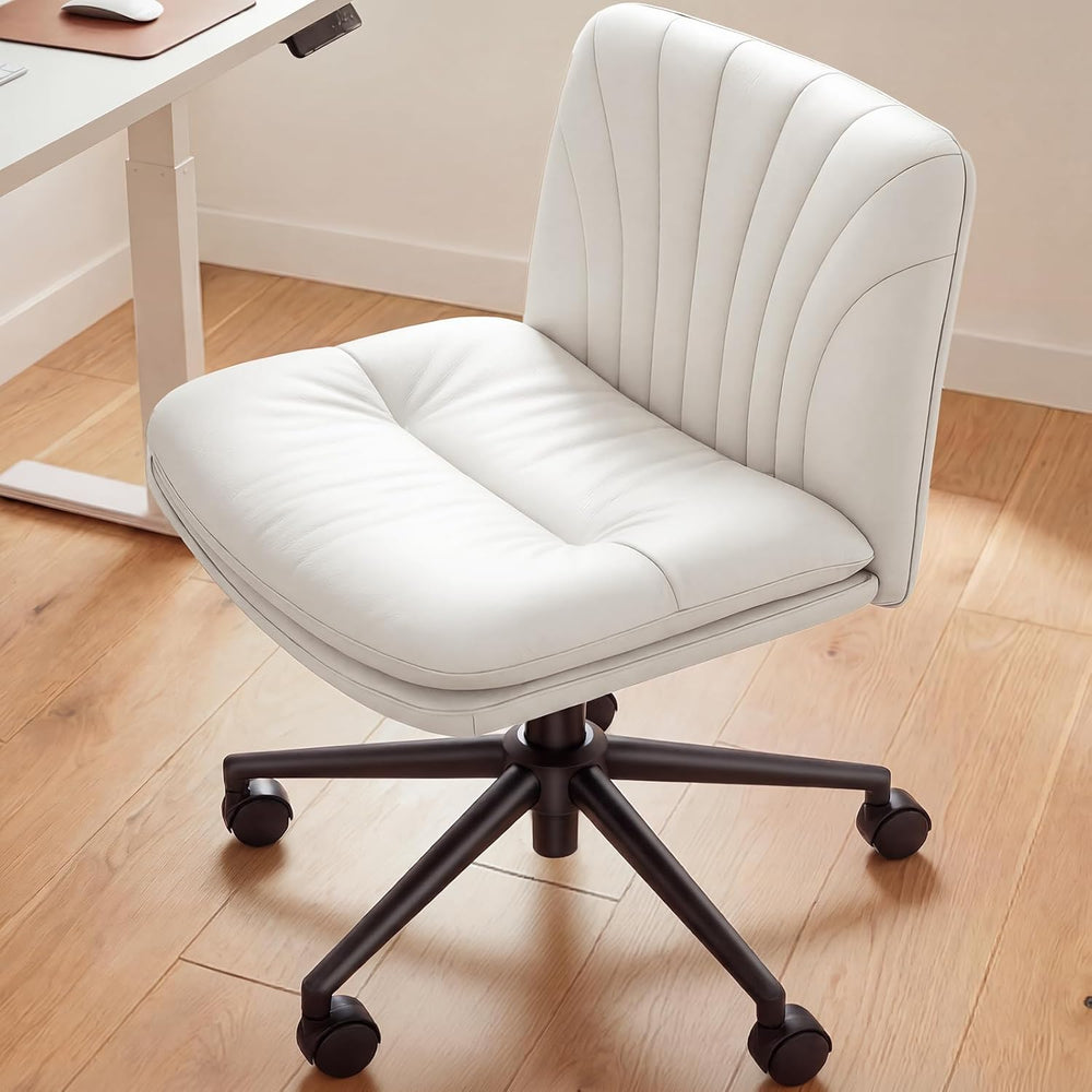 Marsail Armless-Office Desk Chair with Wheels: PU Leather Cross Legged Wide C...
