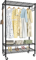 Garment Rack Heavy Duty 3 Tiers Adjustable Freestanding Metal Rolling Clothing Rack with Double Rods and Side Hooks for Hanging Clothes, Black