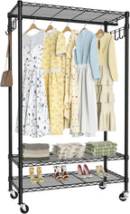 Garment Rack Heavy Duty 3 Tiers Adjustable Freestanding Metal Rolling Clothing Rack with Double Rods and Side Hooks for Hanging Clothes, Black