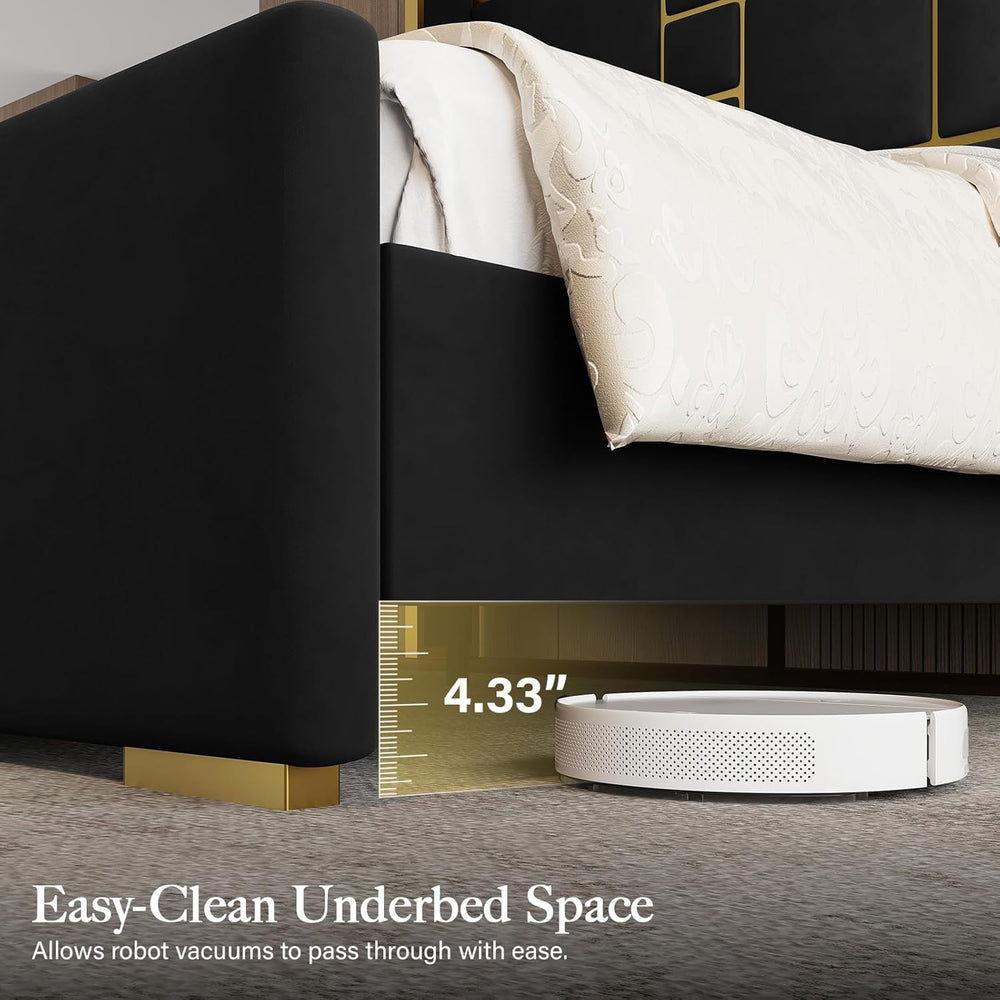 Queen Bed Frame with 55.12" Tall Headboard, Black and Gold