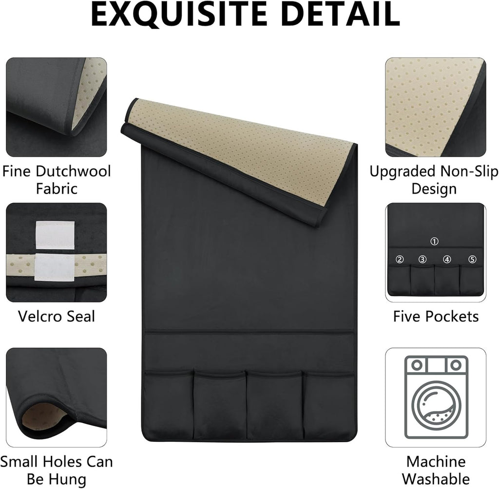 TV Remote Control Holder Couch Caddy, Non-slip Bedside Caddy Organizer with 5 Pockets for Key Glasses Phone Magazine Holders (Black, 35''x18'')