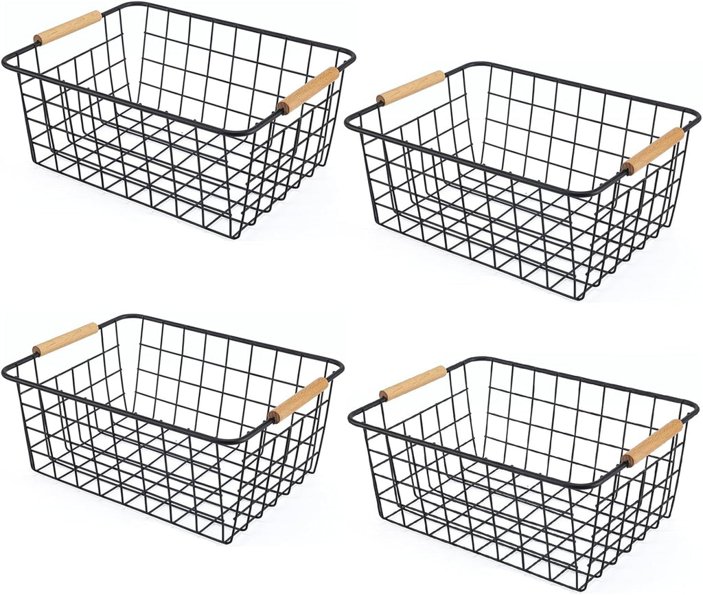 Wire Basket 4 Pcs Wire Storage Baskets Wire Baskets Organizing with Wooden Handles Wire Basket Pantry Organization and Storage Metal Wire Food Storage Basket for Kitchen, Cabinets (Black 4PCS)