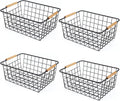 Wire Basket 4 Pcs Wire Storage Baskets Wire Baskets Organizing with Wooden Handles Wire Basket Pantry Organization and Storage Metal Wire Food Storage Basket for Kitchen, Cabinets (Black 4PCS)